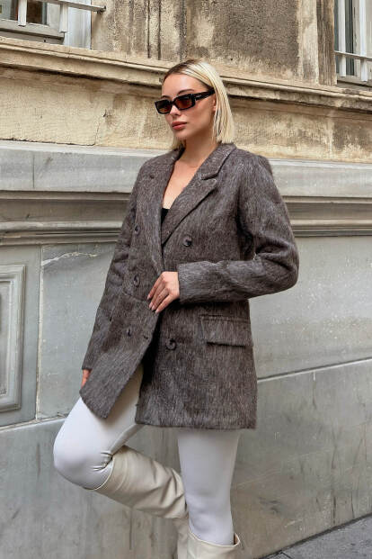 Kahverengi Kruvaze Düğme Kapama Sakallı Kadın Blazer Ceket - 3