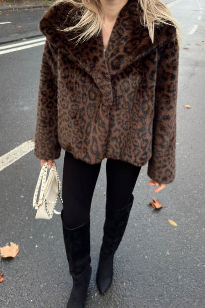 Kahverengi Leopar Desen Kruvaze Yaka Kadın Peluş Kürk - 4