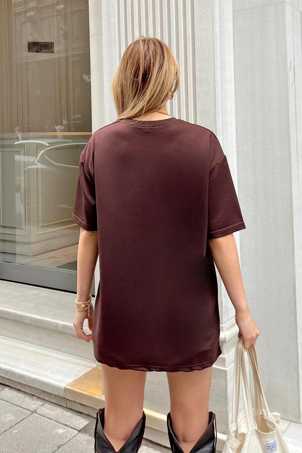 Kahverengi Manhttn Baskılı Oversize Kadın Tshirt - 5