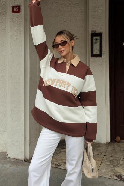 Kahverengi New Port Nakışlı Polo Yaka Çizgili İçi Pamuklu Kadın Sweatshirt - 2