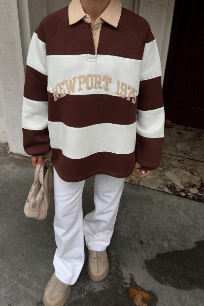 Kahverengi New Port Nakışlı Polo Yaka Çizgili İçi Pamuklu Kadın Sweatshirt - 4