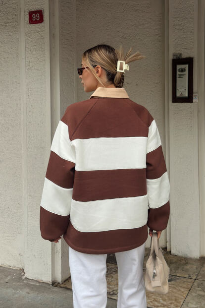 Kahverengi New Port Nakışlı Polo Yaka Çizgili İçi Pamuklu Kadın Sweatshirt - 5