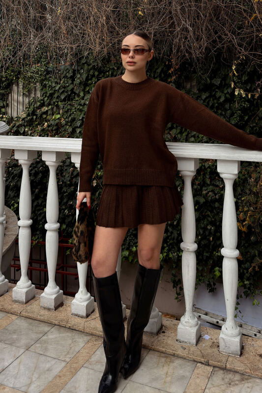 Kahverengi Paloma Piliseli Etek-Bisiklet Yaka Kazak Kadın Triko Alt Üst Takım - SWİST (1)