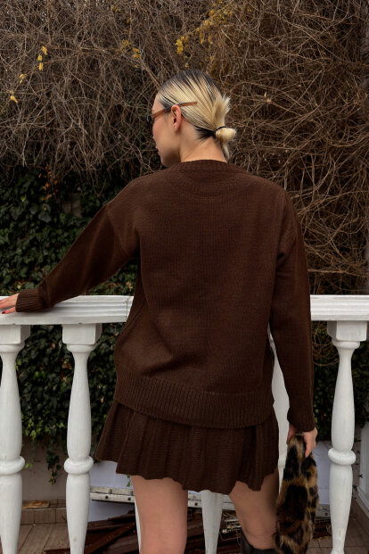 Kahverengi Paloma Piliseli Etek-Bisiklet Yaka Kazak Kadın Triko Alt Üst Takım - 5