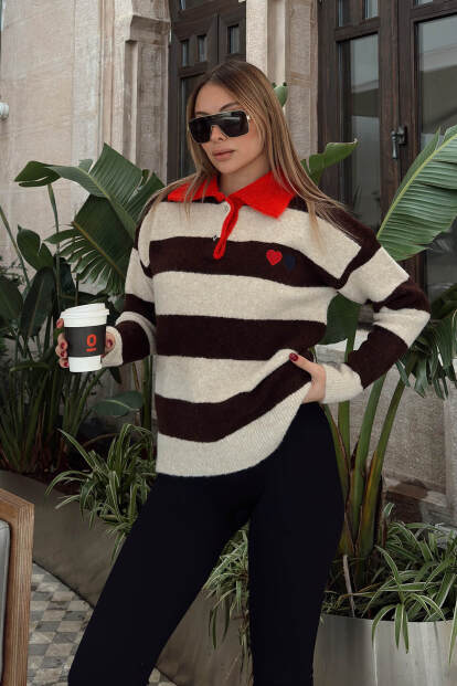 Kahverengi Polo Yaka Garnili Kalın Çizgili Kalp Nakışlı Kadın Triko Kazak - 3