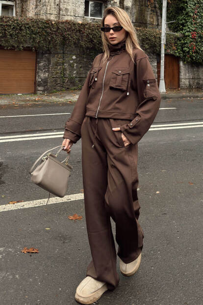 Kahverengi Scuba Kapüşonlu Fermuarlı Crop Pantolon Cepli Kadın Alt Üst Takım - 1