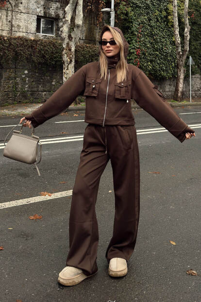 Kahverengi Scuba Kapüşonlu Fermuarlı Crop Pantolon Cepli Kadın Alt Üst Takım - 2