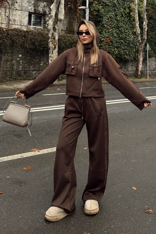 Kahverengi Scuba Kapüşonlu Fermuarlı Crop Pantolon Cepli Kadın Alt Üst Takım - SWİST (1)