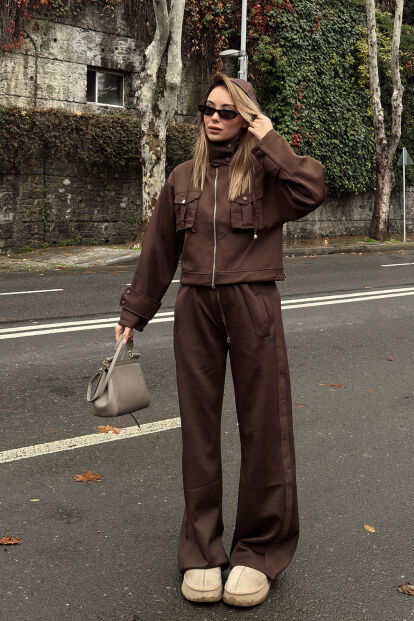 Kahverengi Scuba Kapüşonlu Fermuarlı Crop Pantolon Cepli Kadın Alt Üst Takım - 3