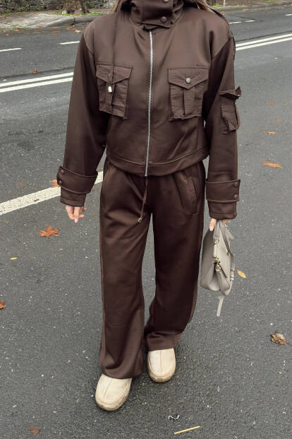 Kahverengi Scuba Kapüşonlu Fermuarlı Crop Pantolon Cepli Kadın Alt Üst Takım - 4