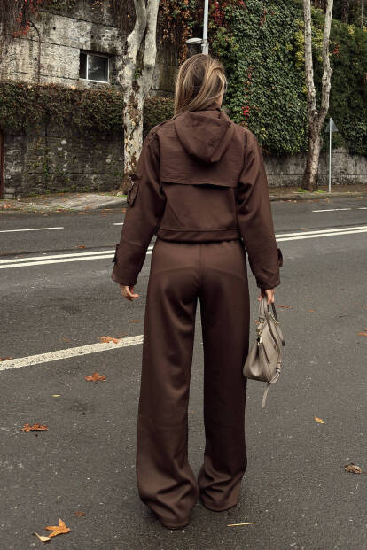 Kahverengi Scuba Kapüşonlu Fermuarlı Crop Pantolon Cepli Kadın Alt Üst Takım - 5
