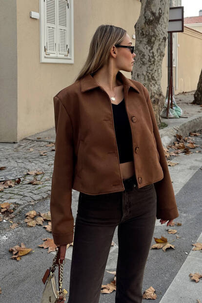 Kahverengi Süet Polo Yaka Düğme Kapamalı Kadın Crop Mont - 3