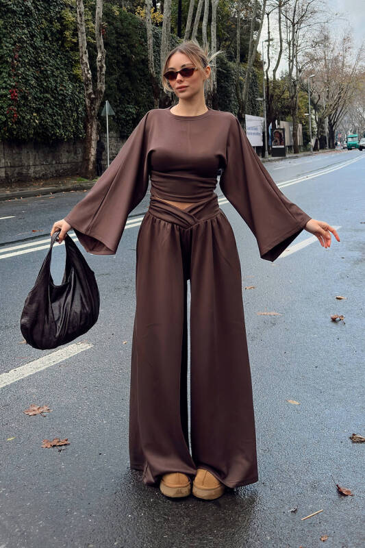 Kahverengi Yarasa Kol Crop Bel Detay Bol Paça Pantolon Kadın Alt Üst Takım - SWİST (1)