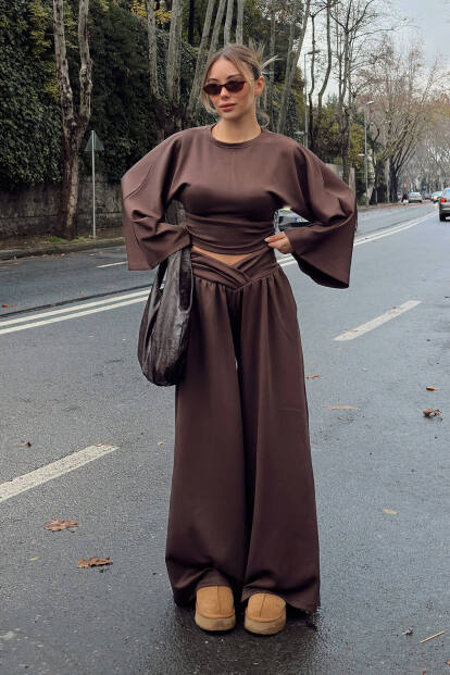 Kahverengi Yarasa Kol Crop Bel Detay Bol Paça Pantolon Kadın Alt Üst Takım - 3