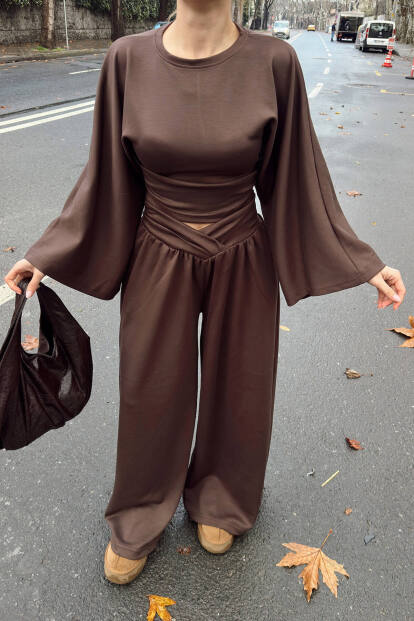 Kahverengi Yarasa Kol Crop Bel Detay Bol Paça Pantolon Kadın Alt Üst Takım - 4