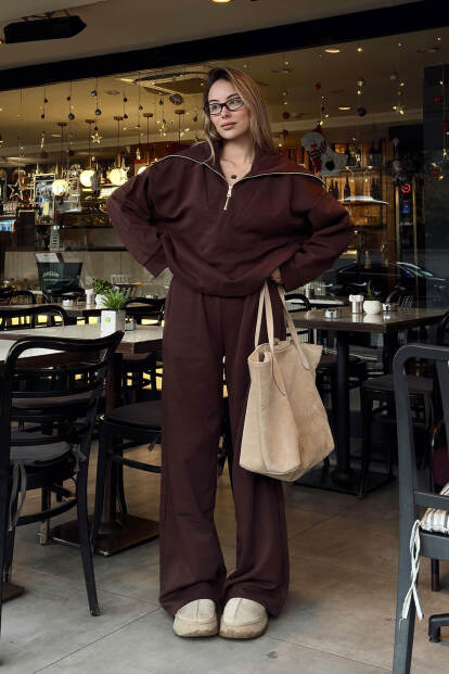 Kahverengi Yarım Fermuar Sweat Pantolon Kadın Alt Üst Takım - 2