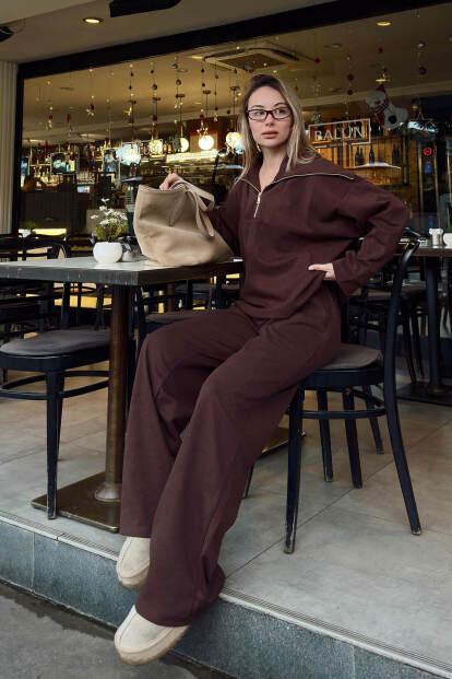 Kahverengi Yarım Fermuar Sweat Pantolon Kadın Alt Üst Takım - 3