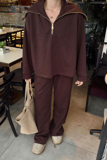 Kahverengi Yarım Fermuar Sweat Pantolon Kadın Alt Üst Takım - 4