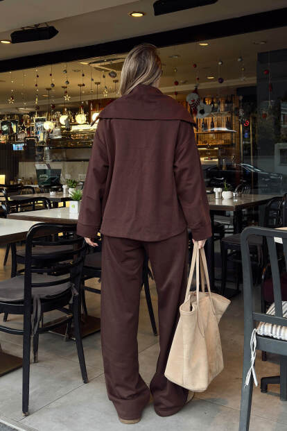 Kahverengi Yarım Fermuar Sweat Pantolon Kadın Alt Üst Takım - 5
