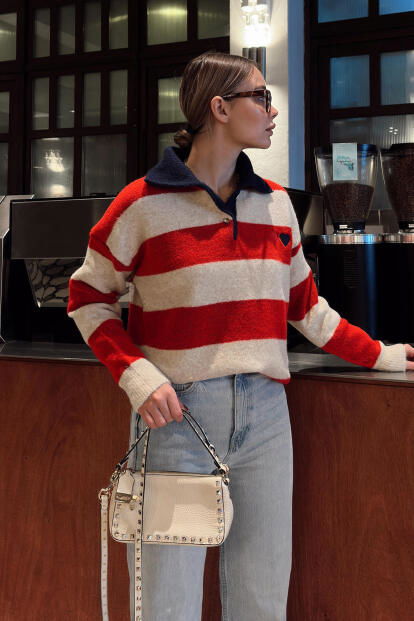 Kırmızı Polo Yaka Garnili Kalın Çizgili Kalp Nakışlı Kadın Triko Kazak - 2