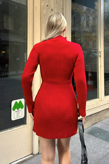Kırmızı Serre Örgü Yarım Balıkçı Kadın Triko Mini Elbise - 5