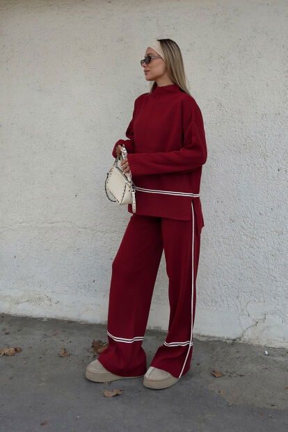 Kırmızı Step Şerit Detaylı Dik Yaka Arkası Uzun Kazak-Pantolon Kadın Triko Alt Üst Takım - 2
