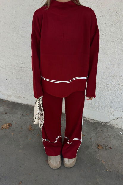 Kırmızı Step Şerit Detaylı Dik Yaka Arkası Uzun Kazak-Pantolon Kadın Triko Alt Üst Takım - 4