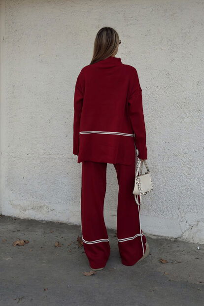 Kırmızı Step Şerit Detaylı Dik Yaka Arkası Uzun Kazak-Pantolon Kadın Triko Alt Üst Takım - 5