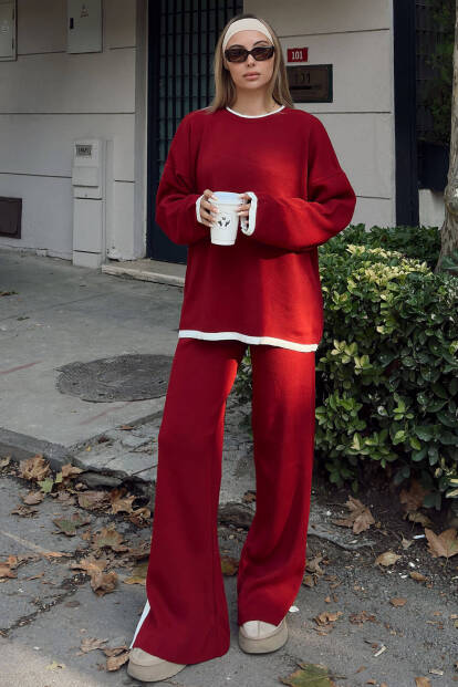 Kırmızı Uma İntersiye Çizgili Yırtmaçlı Oversize Kazak-Pantolon Kadın Triko Alt-Üst Takım - 1