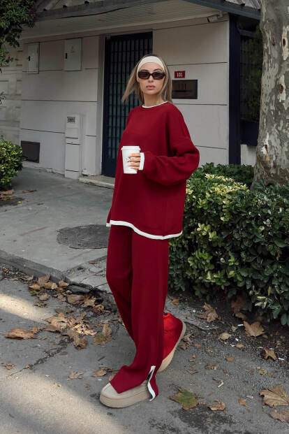 Kırmızı Uma İntersiye Çizgili Yırtmaçlı Oversize Kazak-Pantolon Kadın Triko Alt-Üst Takım - 2