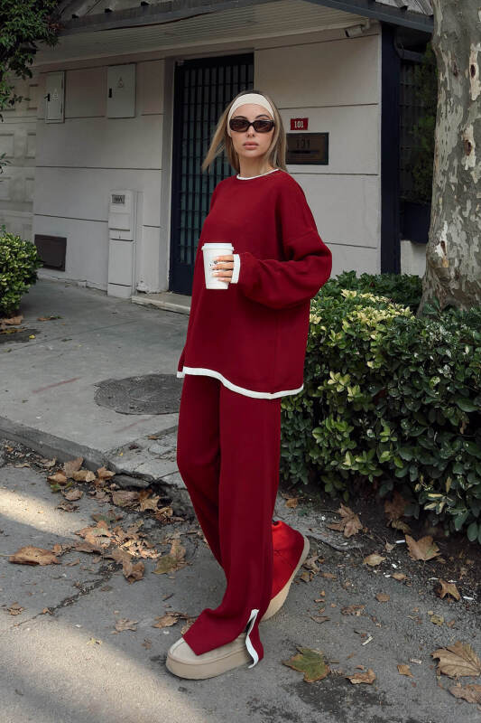 Kırmızı Uma İntersiye Çizgili Yırtmaçlı Oversize Kazak-Pantolon Kadın Triko Alt-Üst Takım - SWİST (1)