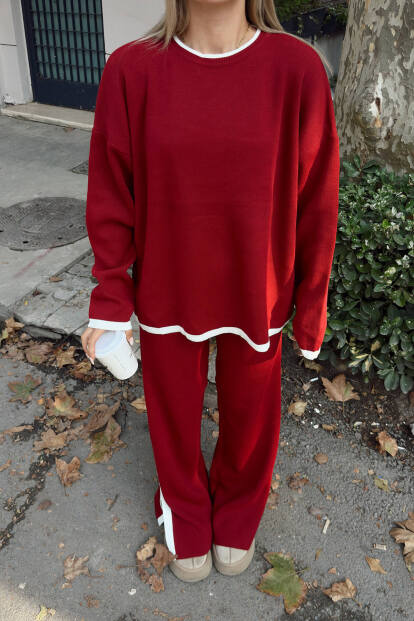 Kırmızı Uma İntersiye Çizgili Yırtmaçlı Oversize Kazak-Pantolon Kadın Triko Alt-Üst Takım - 4