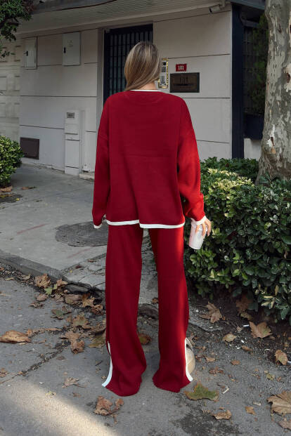 Kırmızı Uma İntersiye Çizgili Yırtmaçlı Oversize Kazak-Pantolon Kadın Triko Alt-Üst Takım - 5