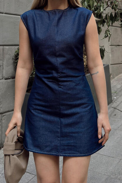 Lacivert Bisiklet Yaka Sıfır Kol Fermuarlı Kadın Denim Mini Elbise - 4