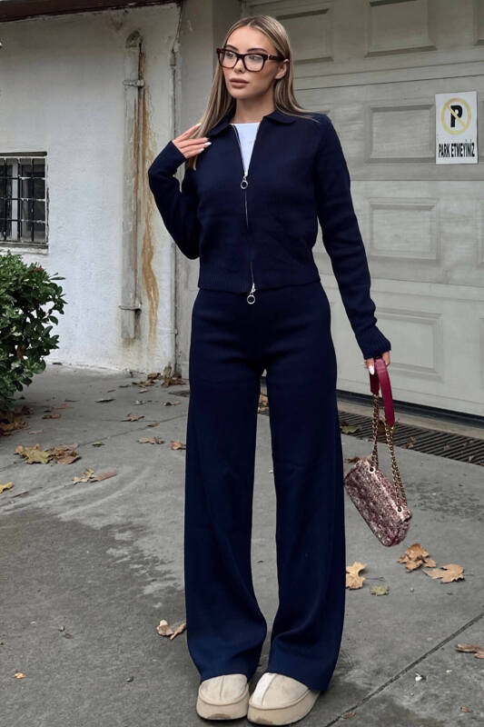 Lacivert Cara Polo Yaka Çift Yönlü Fermuarlı Crop-Pantolon Kadın Triko Alt Üst Takım - SWİST