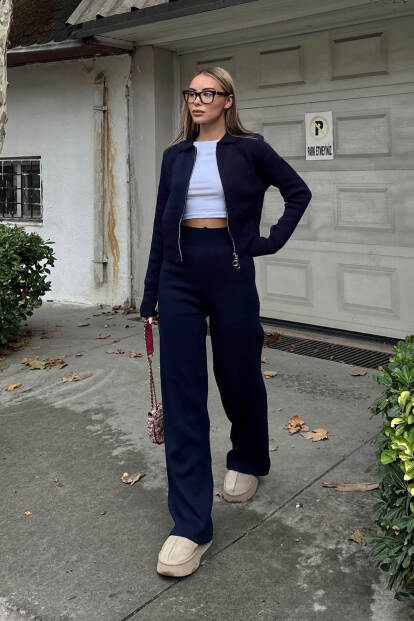 Lacivert Cara Polo Yaka Çift Yönlü Fermuarlı Crop-Pantolon Kadın Triko Alt Üst Takım - 2