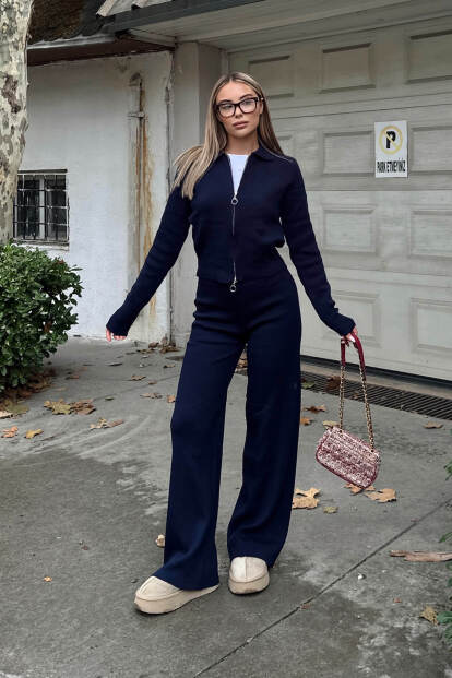 Lacivert Cara Polo Yaka Çift Yönlü Fermuarlı Crop-Pantolon Kadın Triko Alt Üst Takım - 3