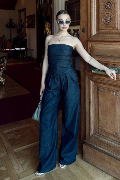 Lacivert Drapeli Straplez-Palazzo Pantolon Kadın Denim Alt Üst Takım - 2
