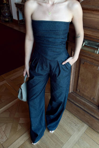 Lacivert Drapeli Straplez-Palazzo Pantolon Kadın Denim Alt Üst Takım - 4