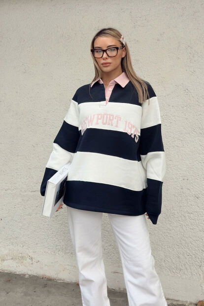 Lacivert New Port Nakışlı Polo Yaka Çizgili İçi Pamuklu Kadın Sweatshirt - 2