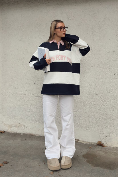 Lacivert New Port Nakışlı Polo Yaka Çizgili İçi Pamuklu Kadın Sweatshirt - 3