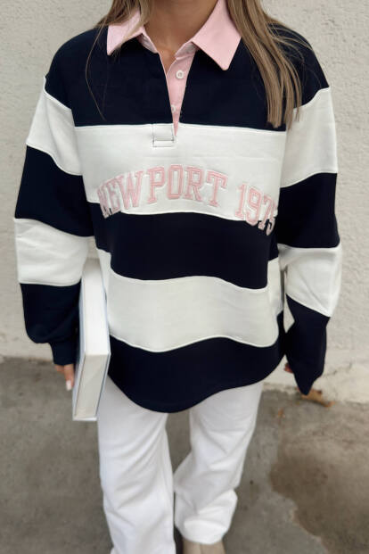 Lacivert New Port Nakışlı Polo Yaka Çizgili İçi Pamuklu Kadın Sweatshirt - 4
