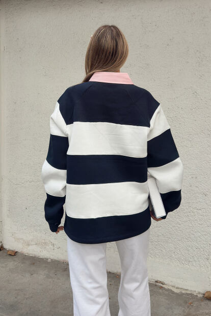 Lacivert New Port Nakışlı Polo Yaka Çizgili İçi Pamuklu Kadın Sweatshirt - 5
