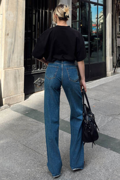 Lacivert Paça Detaylı Yüksek Bel Wide Leg Kadın Jean - 5