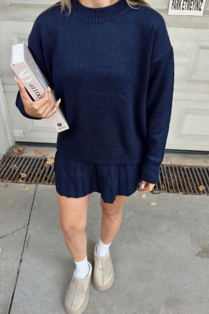 Lacivert Paloma Piliseli Etek-Bisiklet Yaka Kazak Kadın Triko Alt Üst Takım - 4