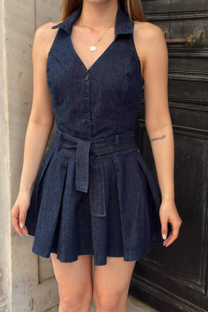 Lacivert Polo Yaka Kolsuz Kemer Detay Kadın Denim Mini Elbise - 4