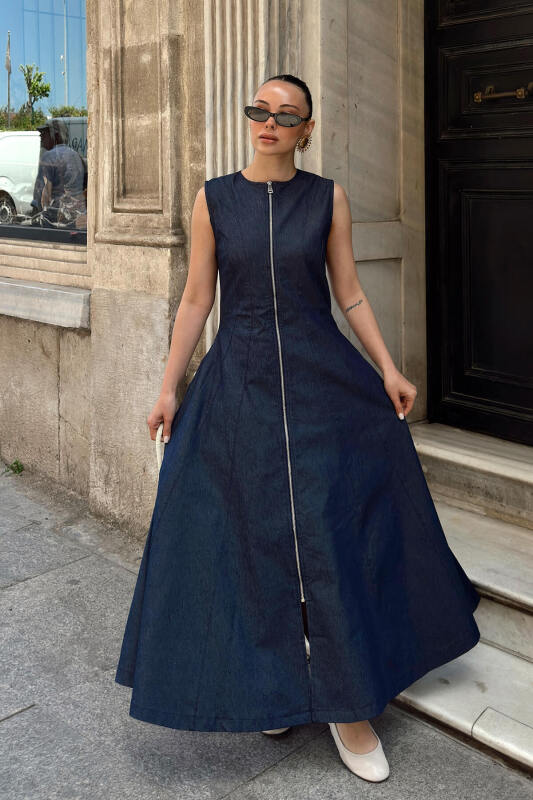 Lacivert Tam Fermuarlı Sıfır Kol Kadın Denim Midi Elbise - SWİST (1)