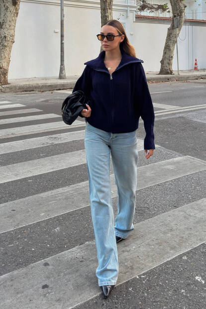 Lacivert Yulia Fermuarlı Yaka Kadın Triko Crop Hırka - 3