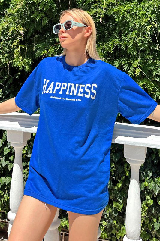 Mavi Happiness Baskılı Oversize Kadın Tshirt - SWİST