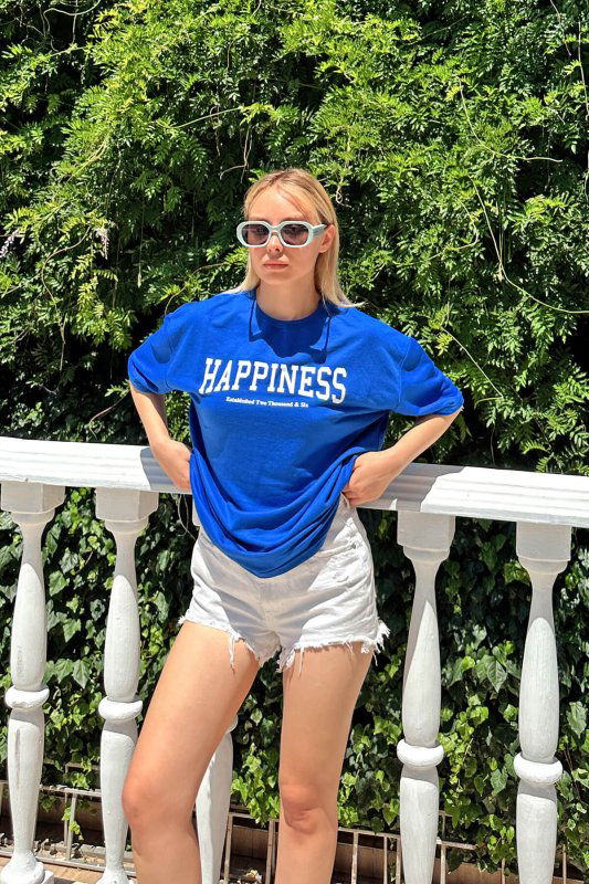 Mavi Happiness Baskılı Oversize Kadın Tshirt - SWİST (1)